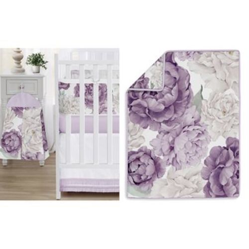 Sweet Jojo Designs Girl Crib Bedding + BreathableBaby Breathable Mesh Liner Anti Bumper Pad Peony Floral Garden Purple Ivory and Green