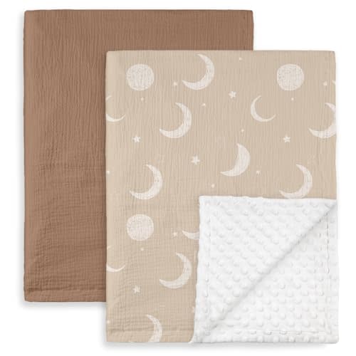GLLQUEN BABY Blankets for Unisex Boys Girls, 2pack Muslin Cotton Front Soft and Breathable,and Dotted Fleece Backing, Printed Bed Nursery Minky Blankets for Toddler Newborn, 30 x40 inches