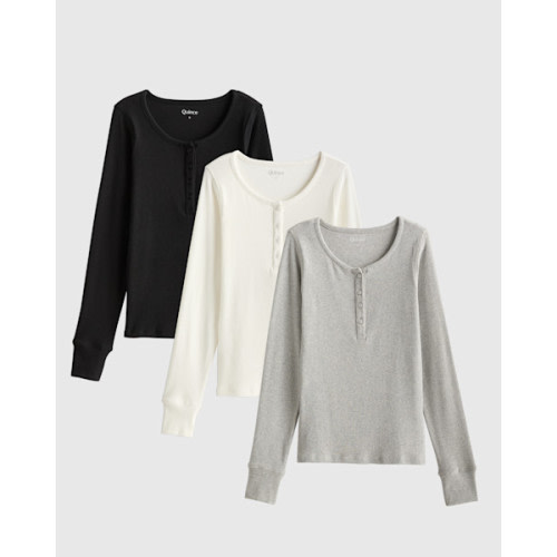 Organic Cotton Micro-Rib Long Sleeve Henley Tee 3 Pack Bundle in Black
