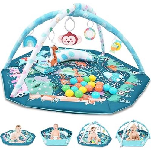 Baby Gym Play Mat, 8-in-1 Tummy Time Mat & Activity Gym, Washable Ball Pit, Infant Play Mat with Detachable Toys for Sensory Exploration and Motor Skill Development