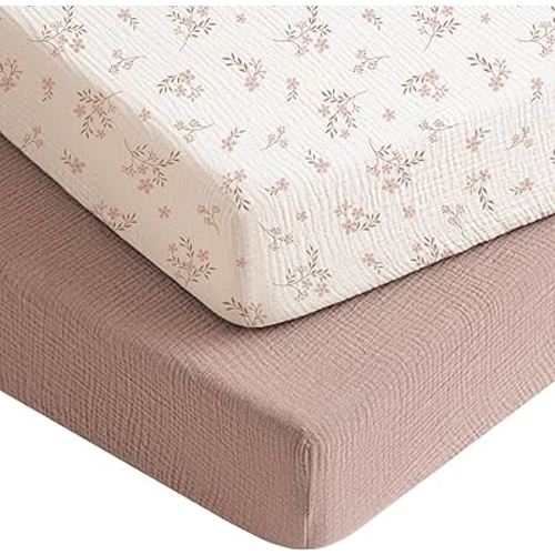 Muslin Crib Sheets Fitted 2 Pack, 100% Cotton Mattress Sheets for Standard Crib 52x28
(Soft Blooms,Taupe)
