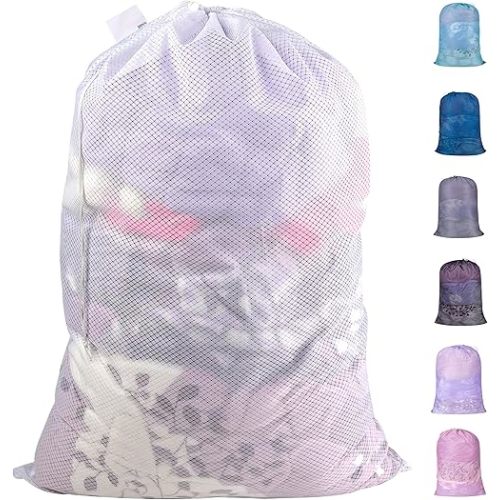 Polecasa Extra Heavy Duty Large Diamond Mesh Laundry Bags with Drawstring Closure & ID Tag, 24 x 36 inches Washable Storage Bag for College, Travel, Sports, Dorms, White