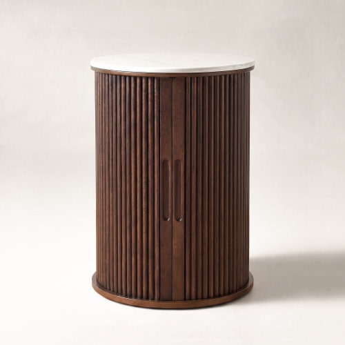 Latitude Run® Round Drum Accent Table With Sintered Stone Top & Fluted Base Beige & Reviews | Wayfair