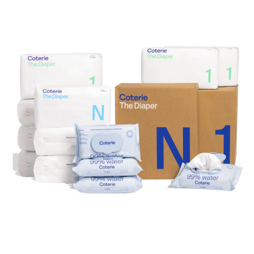 Coterie Baby Wipes + Diapers Kit, Size 1 (198 Count) & Size Newborn Diapers (93 Count), 4 Pack (224) Wipes with 99% Water, Plant Based Materials, Hypoallergenic for Sensitive Skin, Baby Essentials