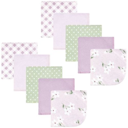 Hudson Baby Infant Girl Cotton Poly Flannel Washcloths, Purple Dainty Floral 10 Pack, One Size