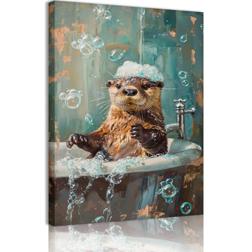 Bathroom Otter Canvas Wall Art Cute Bathtub Bubble Bath Otter Picture Wall Decor Funny Vintage Whimsical Animal Lover Poster Print Artwork for Bedroom Living Room Bathroom 12x16 In Canvas