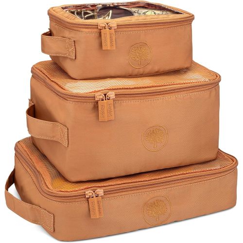 Parker Baby Co. Lightweight Packing Cube Set 3-Pack | Collapsible, Durable, Mesh & Clear Top | Travel Organizer for Diaper Bags, Luggage - Camel/Desert Star
