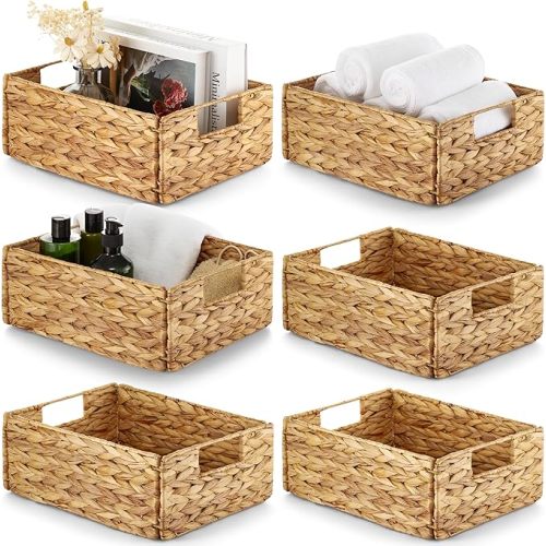 Wicker Storage Baskets Pack 6, Woven Baskets for Storage, Laundry Water Hyacinth Basket for Organizing with Carrying Handles, Rattan Baskets (Brown, Rectangular)