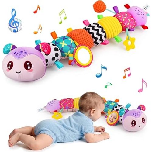 Musical Caterpillar Baby Toys for 0-6 6-12 Months, Multi-Functional Sensory Tummy Time Toys with Mirror Rattle Crinkle, Developmental Stuffed Animal Toy for Newborn Boys Girls Shower Gifts (Purple)