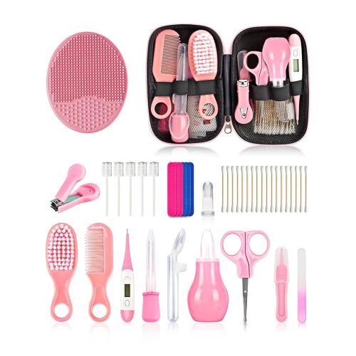 Baby Grooming and Healthcare Kit, Portable Baby Safety Care Set with Hair Brush Comb Nail Clipper Nasal Aspirator for Nursery Newborn Infant Girl Boy (25 in 1 Pink)
