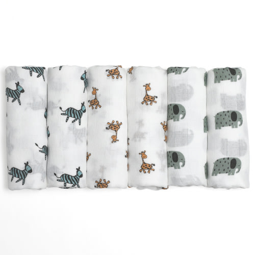 Gllquen Baby Muslin Swaddle Blankets 6-Pack, Soft Receiving Swaddles, Breathable Unisex for Newborns Infant Boys and Girls, 27 X 27", Elephant and Giraffe