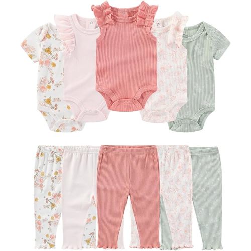 Baby Girl Bodysuit and Pant Set Cotton Ribbed Mix Summer Infant Girls Clothes Outfits 0-12 Month