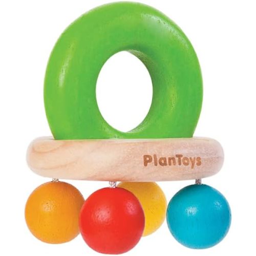 PlanToys (5213) Wooden Bell Rattle and Teether Baby Toy Sustainably Made from Rubberwood and Non-Toxic Paints and Dyes