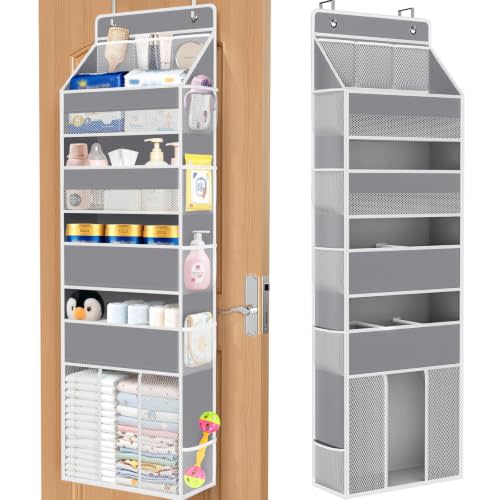 WISELIFE 5-Tier Over the Door Organizer for Nursery Hanging, Gray | Multi-Pocket Back of Door Baby Organizer for Diapers, Clothes & Nursery Essentials, Heavy-Duty Large Capacity, 50 Lb Capacity