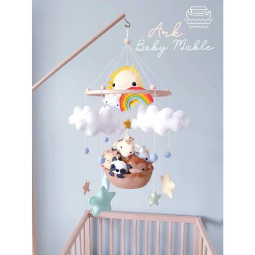 Noah's Ark Baby Mobile: Wool Felt Animals, Rainbow Nursery Decor