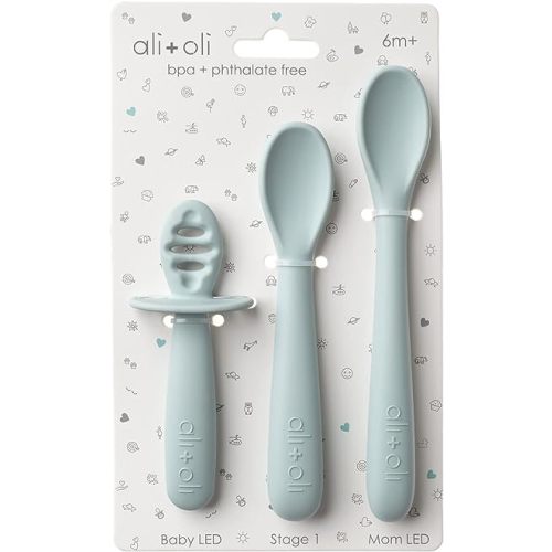 Ali+Oli (3pc) Silicone Spoon Set for Baby (Blue) Unbreakable Baby Spoons, Self Feeding Utensils, Multi-stage Design, Ergonomic Handle