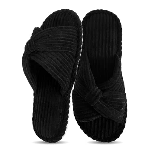 Cross Band Slippers For Women Indoor Corduroy Bow Open Toe Slippers Memory Foam Outdoor Shoes