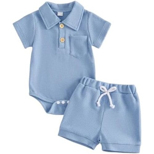 Newborn Baby Boy Summer Outfit Solid Color Waffle Knit Short Sleeve Collared Romper Shorts Set 0 3 6 9 12 18 Months