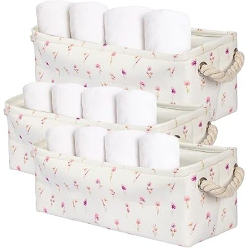 3PC Floral Narrow Storage Bins 15x6x5 inch Pink Flower Small Basket for Closet,Cabinet,Countertop Organizing Small Items Fabric Organizer with Handles, Toilet Paper Storage (Pink flower)