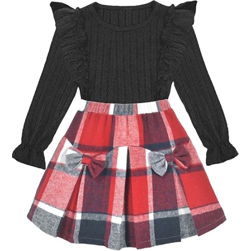 Toddler Girl Clothes Fall Winter Outfits Little Girl 2Pcs Ruffle Long Sleeve Knit Sweater Shirts Plaid Skirts Set