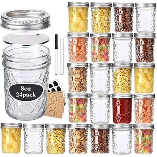 24 Pack 8 oz Mason Jars with Lids and Bands, Small Regular Mouth Glass Canning jars with Airtight Lids, Jelly Jars, Jam Jars, Ideal for Canning, Preserving, Honey, Wedding Favors, Shower Favors