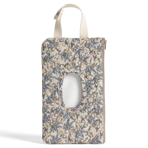 Quilted Diaper Wipe Pouch Hanging Floral Wet Wipes Bag Reusable Fabric Cover with Zipper & Lanyard for Car Daily Casual Travel Mommy Bag(A)