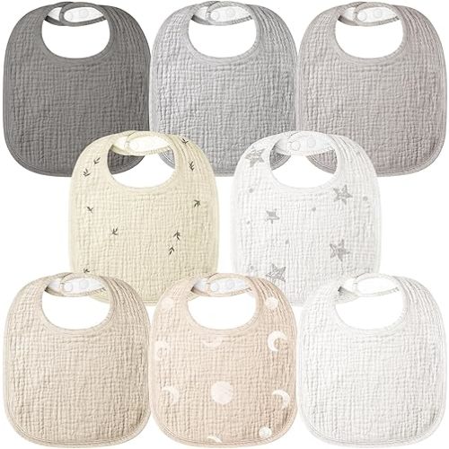 Bearmoss Muslin Baby Drooling Bibs 8 Pack, 100% Cotton Square Adjustable Bandana Bibs for Baby Girls Boys Teething Drool (Apricot Ash)