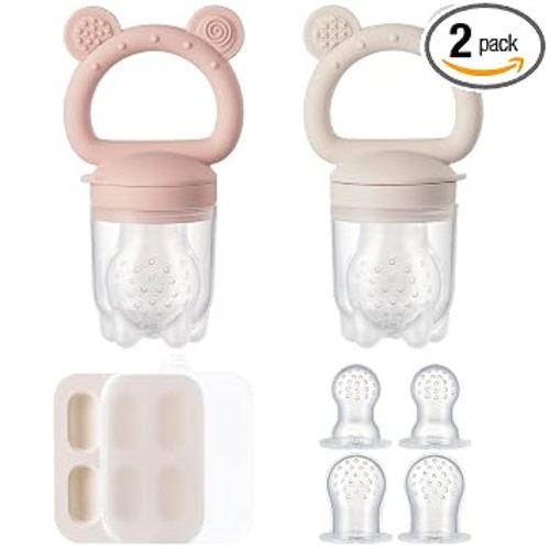 2 Pack Silicone Baby Fruit Feeder with Mini Freezer Tray, Breastmilk Popsicle Molds for Baby Teething Relief, Fresh Food Feeder for Safe Infant Self Feeding, Extra Food Pouches - Pink
