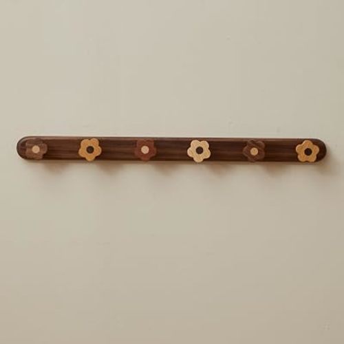 Kids Coat Rack Wall Mount with 6 Cute Flower Hooks, Decorative Walnut Wood Wall Hooks for Coats, Backpacks, Towels, Robes & Bags, Heavy Duty Hook Rack for Girls Nursery, Bathroom, Entryway & Bedroom