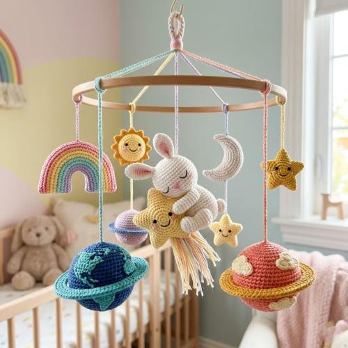 Crochet Bunny Sleeping Baby Mobile, Space Nursery Decor, Rainbow Crib Mobile, Planets and Stars Mobile, Celestial Nursery Baby Shower Gift