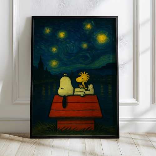 Snoopy Starry Night Poster | Dreamy Wall Art | Van Gogh Inspired Dog Illustration | Whimsical Cartoon Print | Cozy Vintage Room Decor