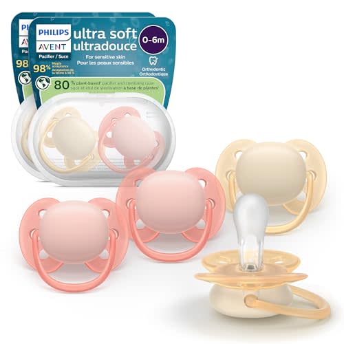 Philips Avent Ultra Soft Pacifiers - Orthodontic Design, for Babies 0-6 Months, Flexible Shield, Silicone Symmetrical Nipple, BPA-Free, 2 Sterilizing Cases, 4 Pack, SCF091/47