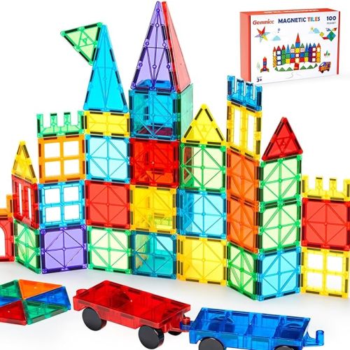 100 PCS Magnetic Tiles with 2 Cars, STEM Approved Educational Magnet BuildingToys, Magnet Puzzles Stacking Blocks for Boys Girls