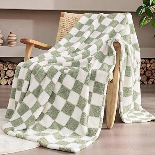 Sage Green Checkered Throw Blanket, Soft Plush Microfiber Fleece Blanket for Couch Sofa Bed, Cozy Decorative Home Blanket, All Season, 50x70 Inches