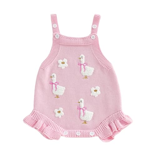 SHUING Infant Baby Girl Outfit Goose Floral Embroidery Sleeveless Crochet Knit Sweater Romper Bodysuit Toddler Fall Clothes