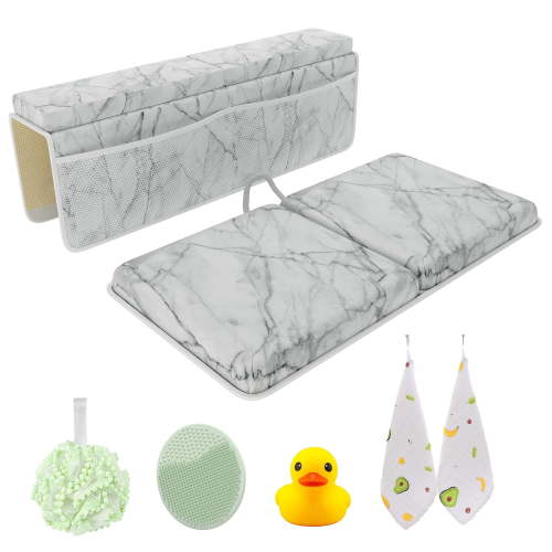 Sleepah Bath Kneeler and Elbow Kneeling Rest Pad Set for Baby Bathing – Waterproof Soft Mat Organizer Foldable Non-Slip for Baby & Toddler Bath Time Toys Sponge Cloth (Marble)