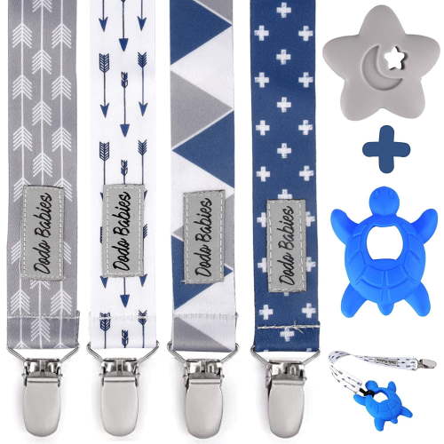 Dodo Babies Pacifier Clip & Teether Toy Set – Four Clips Plus Two Silicone Teether Toys – Universal Holder Fits Most Paci Brands – Fun Blue and Gray Prints for Girls or Boys