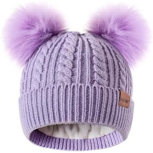 HAITHO Winter Hat for Kids Toddler Children, Girls Beanie with Double Pom Pom Warm Fleece Lined, Girls Accessories Knit Cap