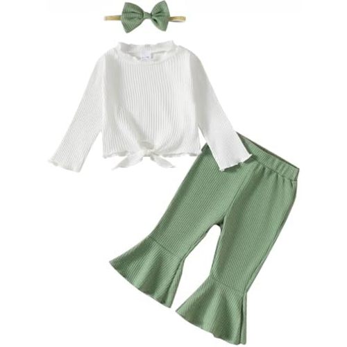 Kucnuzki Baby Girl Clothes Toddler Clothes Long Sleeve Plain Shirts Top Bell Bottoms Flare Pants Infant Girl Fall Outfit