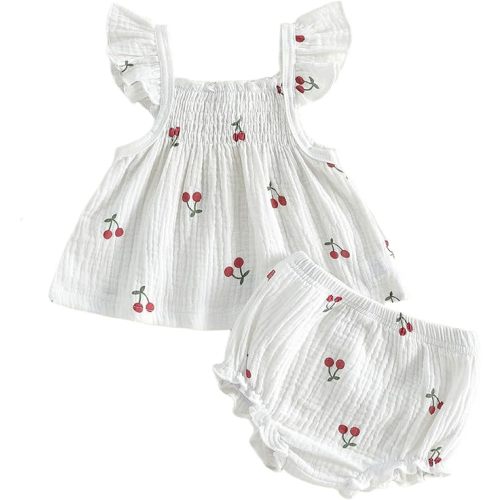Mubineo Baby Girl Summer Clothes Cute Basic Plain Cotton Linen Ruffle Tops Dress Shorts Outfits Set Shirt Princess Outfit