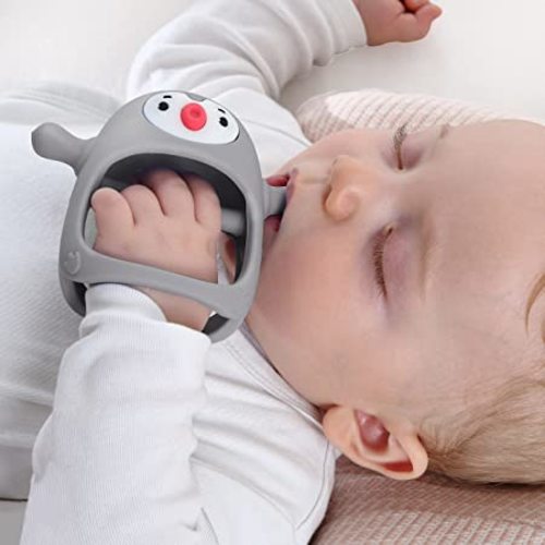 Smily Mia Penguin Buddy Never Drop Silicone Baby Teething Toy for 0-6month Infants, Baby Chew Toys for Sucking Needs, Hand Pacifier for Breast Feeding Babies, Car Seat Toy for New Born, Grey - Ligjt Grey