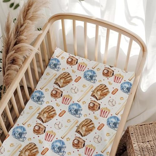 Vintage Baseball Sport Helmets Gloves Fitted Crib Sheet for Baby Girls Boys 28"x52" Baseballs Popcorn Hotdog Baby Sheet for Standard Crib Mattress Patriotic American Sports Mattress Sheets Sport