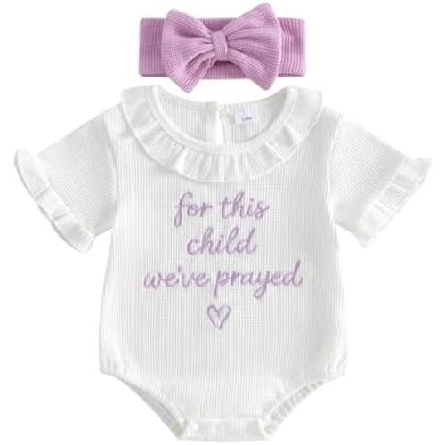 Gaono Preemie Newborn Baby Girl Waffle Romper Letter Embroidery Ruffled Bodysuit Funny Pregnancy Announcement Clothes 0-3M