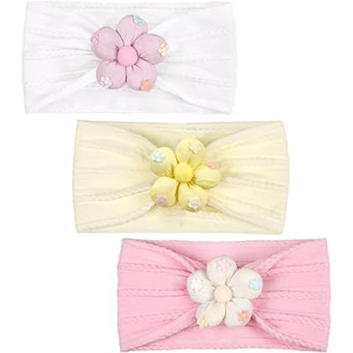 MIUXUESO 3 Piece Baby Girls Flower Headband, Florals Nylon Headband Soft Comfortable Elasticity Hairbands Baby Shower Newborn Essentials for Infant Toddlers (Yellow Pink White)