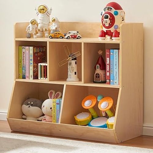 Wooden Toy & Book Organizer with a Rolling Ball Guard & Deep Cubbies, 150LBS Heavy Duty Plywood
