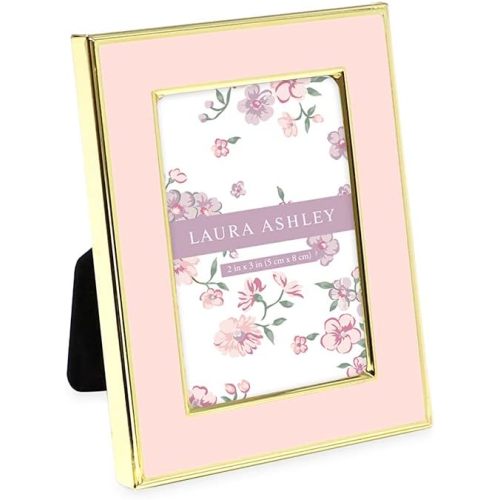 Laura Ashley 2x3 Pink Enamel Picture Frame, Gold Metal Edge with Easel, for Countertop, Counterspace, Tabletop Display, Bookshelf, Desk, Wall Décor, Photo Gallery (2x3, Pink W/Gold)