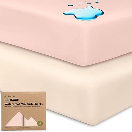 2-Pack Waterproof Pack and Play Sheets, Mini Crib Sheets Fitted for Boy, Girl - 38 x 26 Viscose from Bamboo Pack N Play Mattress Sheets for Graco, Toddler Playard Baby Crib Sheets Neutral (Cameo)