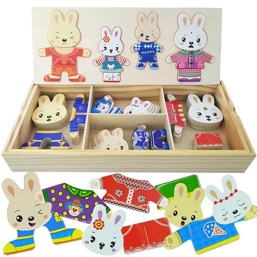 LilyBeauty Wooden Bunny Family Dress-up Puzzle Box for Toddlers(72pcs),Change Clothes Puzzle Games, Preschool Learning Activities Toys for Kids Ages 3+