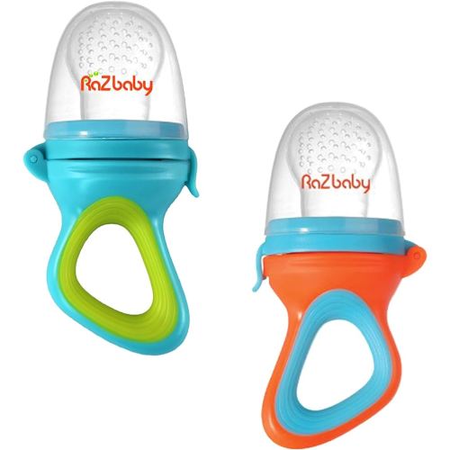 RaZbaby Baby Solids/Frozen Fruit Feeder Pacifier, Infant Teether Toy 6M+, BPA-Free, Safely Introduce Solids, Natural Teething Relief, Dishwasher Safe, Freezable – Blue & Orange 2-Pack