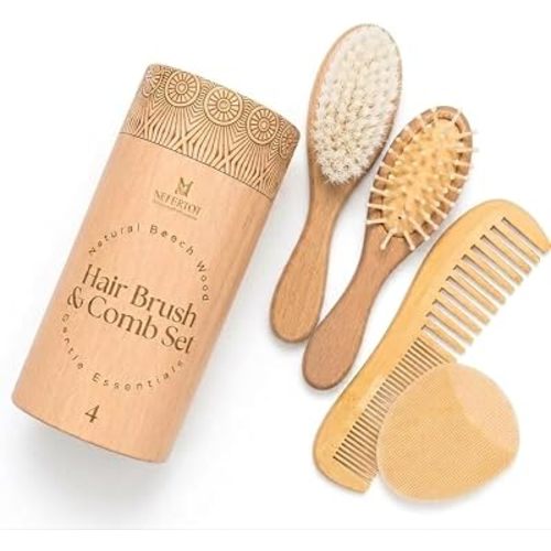 Wooden Baby Hair Brush Grooming Kit with Beech Wood Goat Hair Brush, Cradle Cap Brush, Silicone Scalp Massager, Ultra Soft Bristle Brush | Gender Neutral Newborn Hairbrush Set for Boy or Girl
